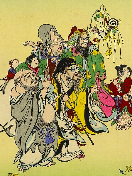 河鍋暁翠,巳年の福神遊,福禄寿,寿老人,毘沙門天,布袋尊